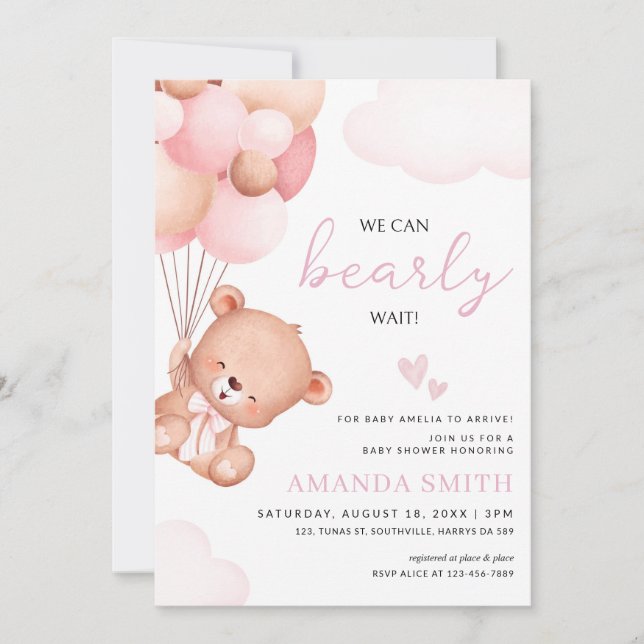 Teddy Bear Girl Baby Shower Watercolor pink Invitation (Front)