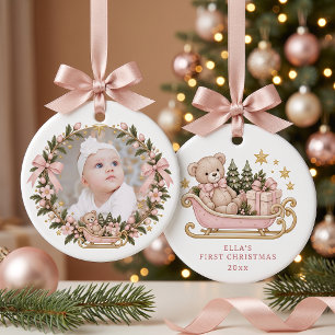 Teddy Bear Girl Baby's First Christmas Ceramic Ornament