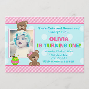 Teddy Bear Girl Birthday Invitation 5x7 Photo Card