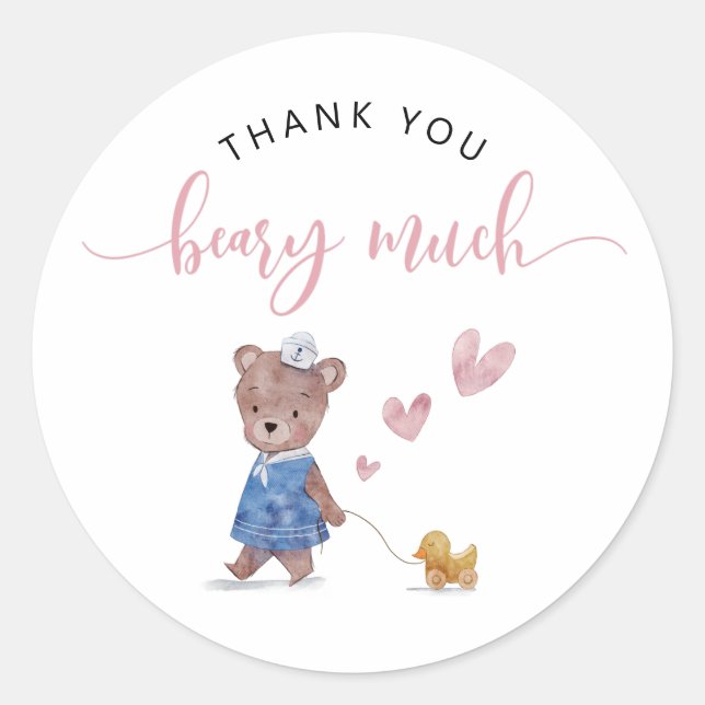Teddy Bear Girl Birthday Thank You Beary Much  Classic Round Sticker (Front)
