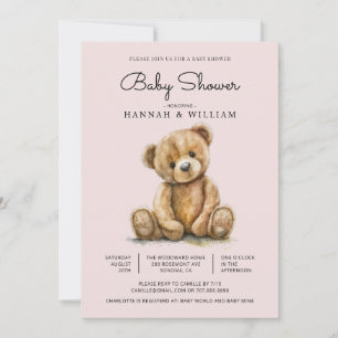 Teddy Bear Girl Blush Pink Baby Shower Invitation