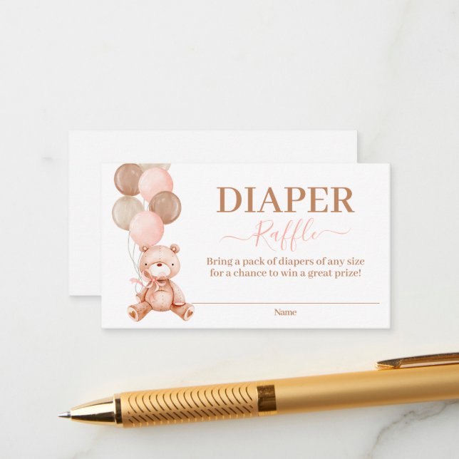 Teddy Bear Girl Diaper Raffle Enclosure Card (Front/Back In Situ)