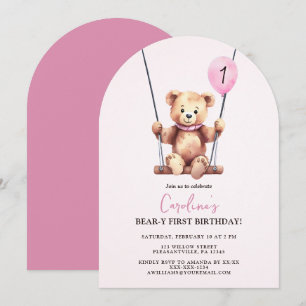 Teddy Bear Girl First Birthday Invitation