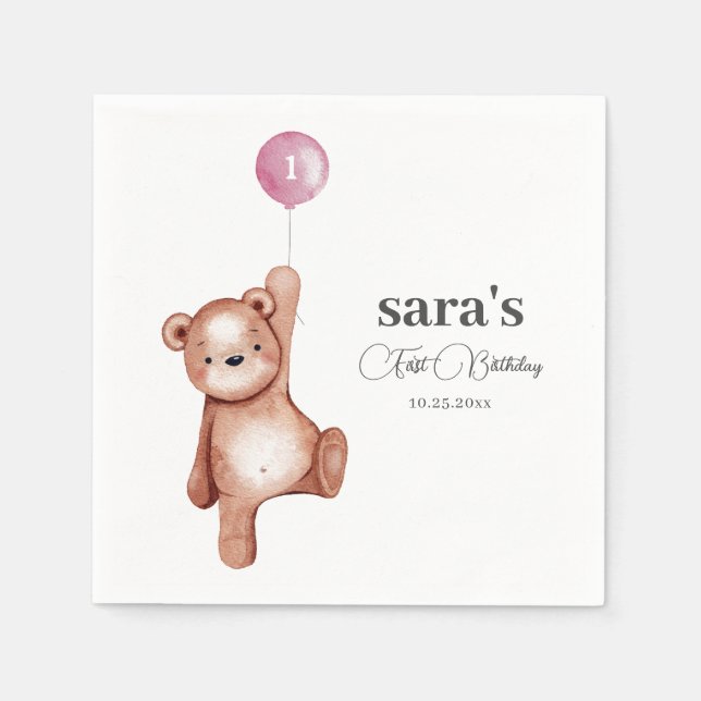 Teddy Bear Girl First Birthday Party Napkin (Front)