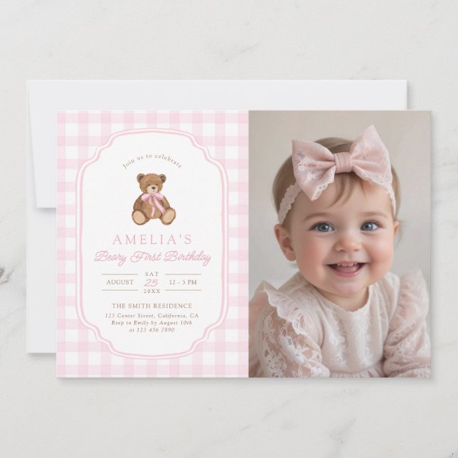 Teddy Bear Girl First Birthday Party Photo Invitation (Front)
