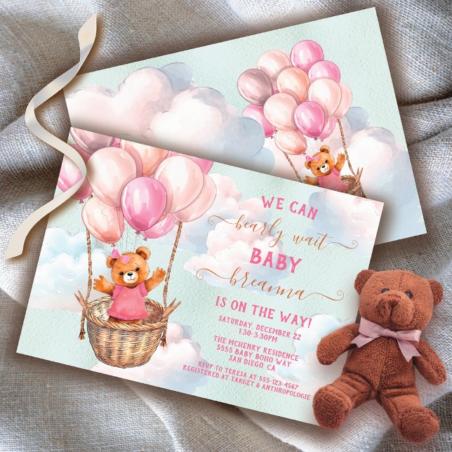 Teddy Bear Girl Hot Air Balloon Baby Shower Invitation (Matching items available!)