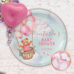 Teddy Bear Girl Hot Air Balloon Baby Shower Paper Plate