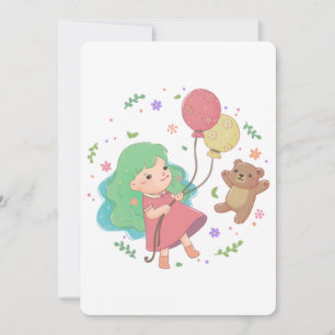 Teddy Bear & Girl Illustration Invitation