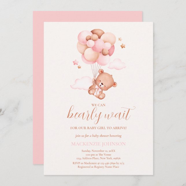 Teddy Bear Girl Pink Bearly Wait Baby Shower Invitation (Front/Back)
