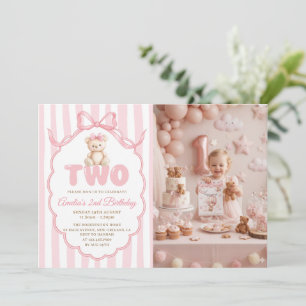 Teddy Bear Girls Pink Bow Stripes 2nd Birthday Invitation