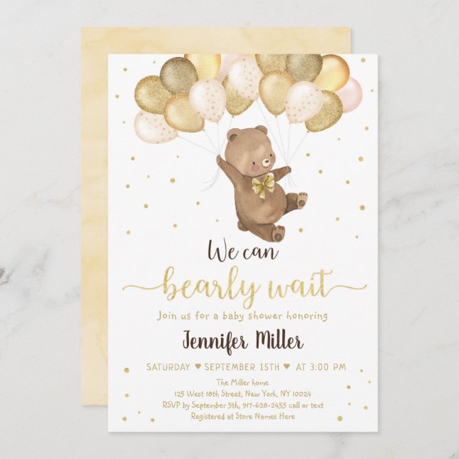 Teddy Bear Gold Balloons Neutral Baby Shower Invit Invitation (Front/Back)