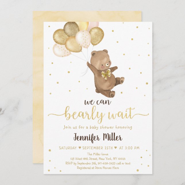 Teddy Bear Gold Balloons Neutral Baby Shower Invitation (Front/Back)