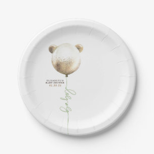Teddy Bear Gold Glitter Balloon Cute Baby Shower Paper Plate