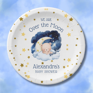 Teddy Bear Gold Stars Over the Moon Baby Shower Paper Plate