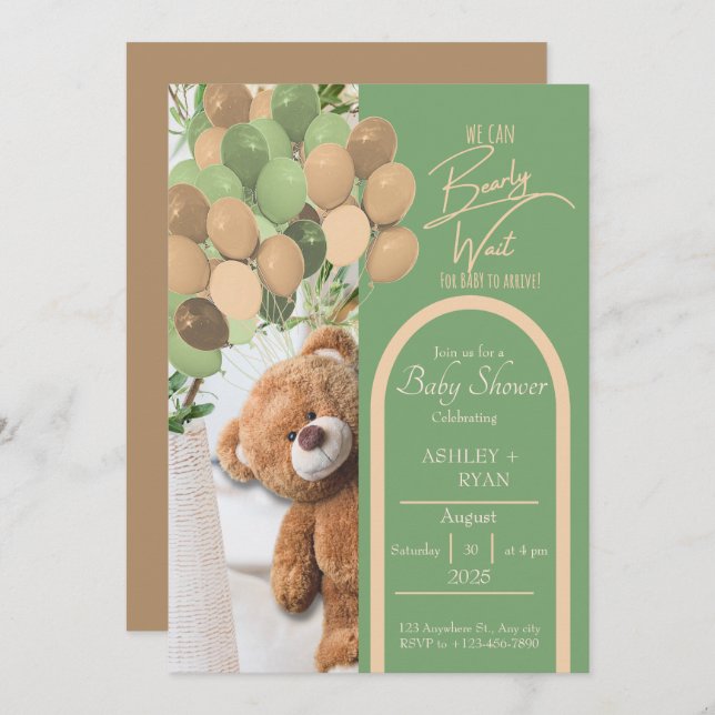 Teddy Bear Green and Brown Baby Shower Invitation (Front/Back)