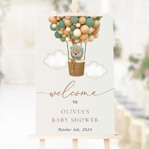 Teddy Bear, Green Balloons, Baby Shower Welcome Poster