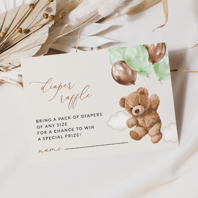 Teddy Bear, Green Balloons, Diaper Raffle Enclosure Card (Creator Uploaded)