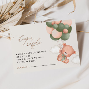 Teddy Bear, Green Balloons, Diaper Raffle Enclosure Card