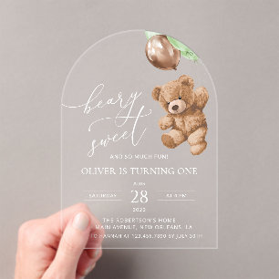 Teddy Bear, Green Balloons, First Birthday Acrylic Invitations