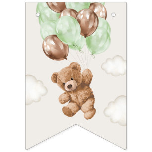 Teddy Bear, Green Balloons, First Birthday Bunting