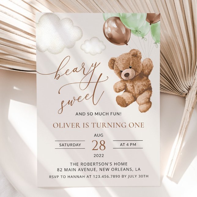 Teddy Bear, Green Balloons, First Birthday Invitation (Creator Uploaded)