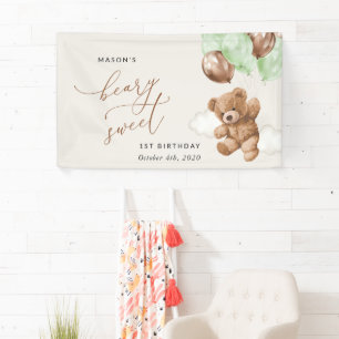 Teddy Bear, Green Balloons, First Birthday Welcome Banner