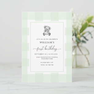 Teddy Bear Green Gingham 1st Birthday Invitation