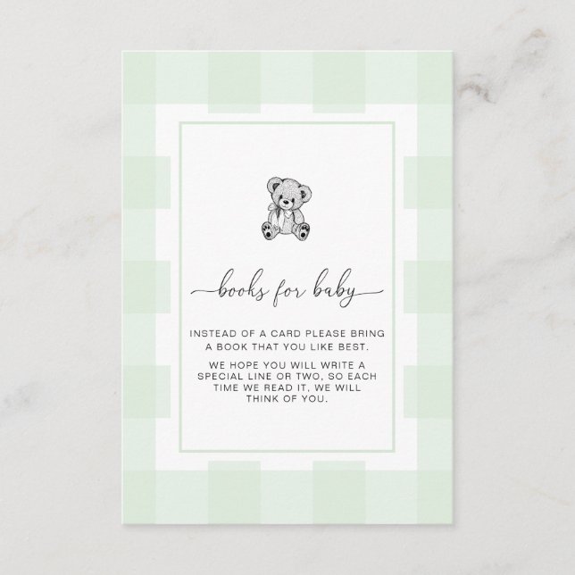 Teddy Bear Green Gingham Book Request Card (Front)