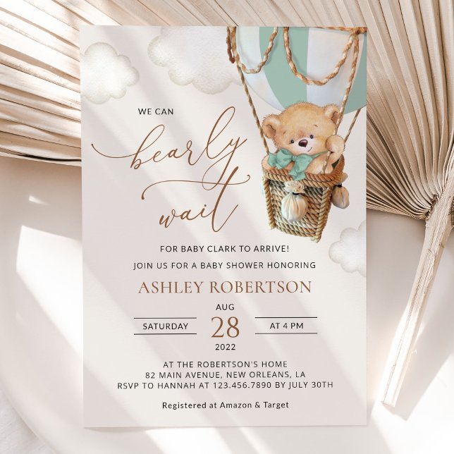 Teddy Bear, Green Hot Air Balloon, Baby Shower Invitation (Creator Uploaded)