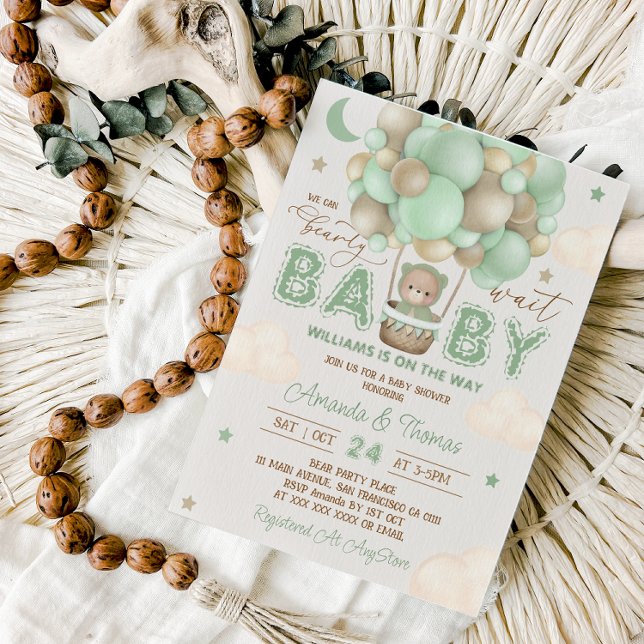 Teddy Bear Green Hot Air Balloon Baby Shower  Invitation (Creator Uploaded)