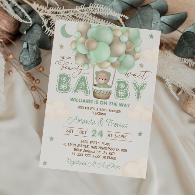 Teddy Bear Green Hot Air Balloon Baby Shower  Invitation (Creator Uploaded)