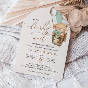 Teddy Bear, Green Hot Air Balloon, Baby Shower Invitation