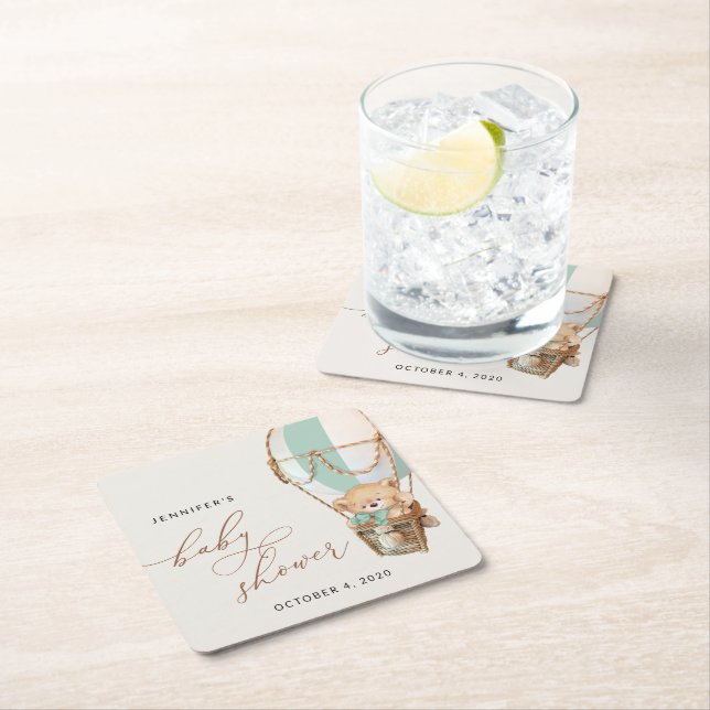 Teddy Bear, Green Hot Air Balloon, Baby Shower Square Paper Coaster (Insitu)