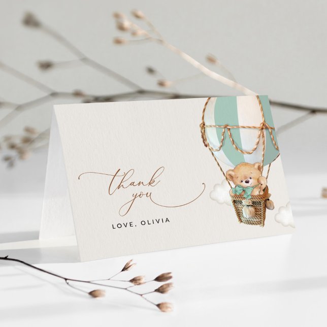 Teddy Bear, Green Hot Air Balloon, Baby Shower Thank You Card (Creator Uploaded)