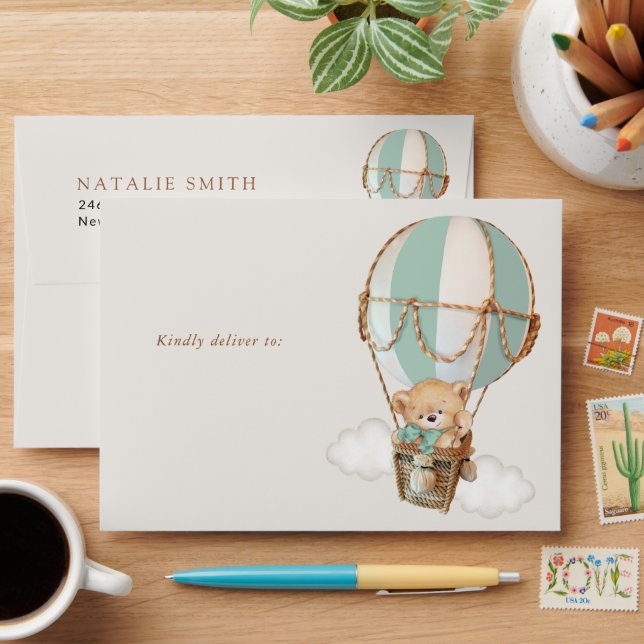 Teddy Bear, Green Hot Air Balloon, Birthday Envelope (Desk)