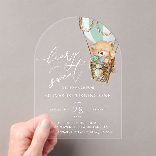 Teddy Bear, Green Hot Air Balloon, First Birthday Acrylic Invitations