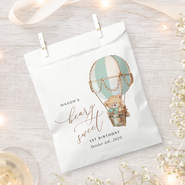 Teddy Bear, Green Hot Air Balloon, First Birthday Favour Bag (Clipped)