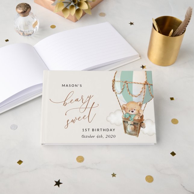 Teddy Bear, Green Hot Air Balloon, First Birthday Guest Book (Front Open)