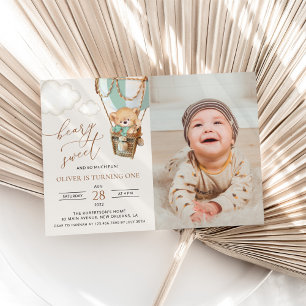 Teddy Bear, Green Hot Air Balloon, First Birthday Invitation