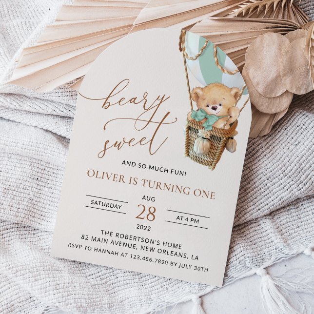 Teddy Bear, Green Hot Air Balloon, First Birthday Invitation (Creator Uploaded)