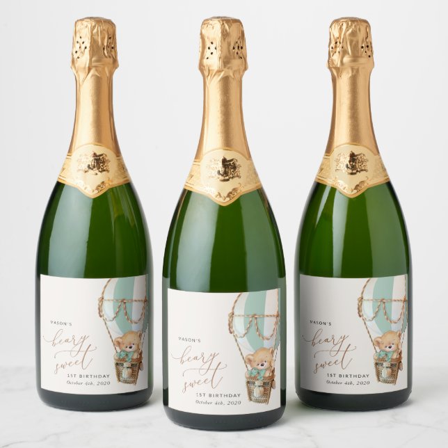 Teddy Bear, Green Hot Air Balloon, First Birthday Sparkling Wine Label (Bottles)