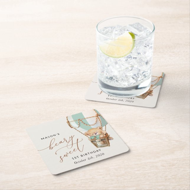 Teddy Bear, Green Hot Air Balloon, First Birthday Square Paper Coaster (Insitu)