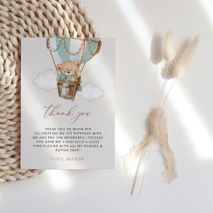 Teddy Bear, Green Hot Air Balloon, First Birthday Thank You Card