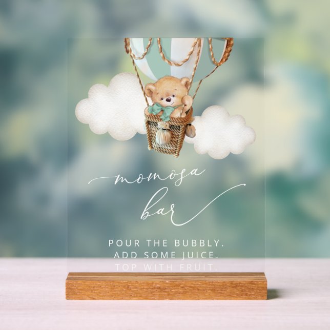 Teddy Bear, Green Hot Air Balloon, Momosa Bar Acrylic Sign (Neutral)
