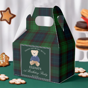 Teddy bear green plaid birthday party favor custom favour box