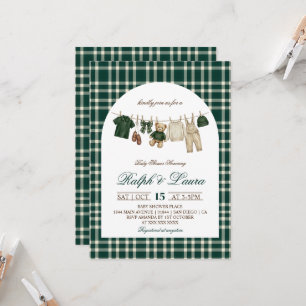 Teddy Bear Green Plaid Boy Baby Shower Invitation