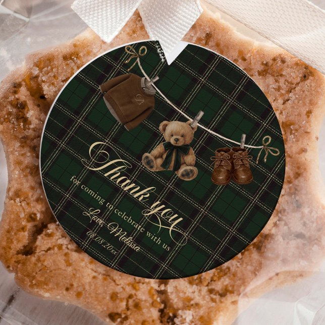Teddy Bear Green Tartan Baby Shower Classic Round Sticker (Teddy Bear Green Tartan Baby Shower Classic Round Sticker)