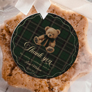 Teddy Bear Green Tartan Baby Shower Classic Round Sticker