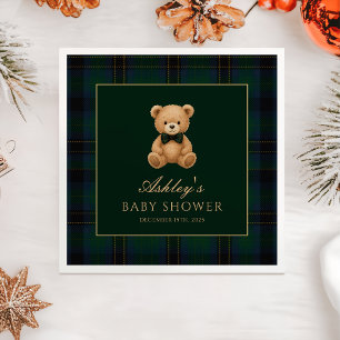 Teddy Bear Green Tartan Baby Shower Paper Napkin