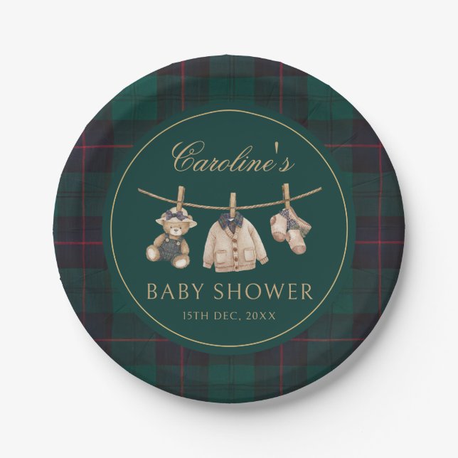 Teddy Bear Green Tartan Baby Shower Paper Plates (Front)